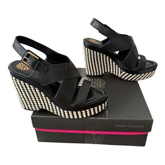 Vince Camuto Diliah Black Tweed Checkered Wedge Platform Sandals Size 9 New - Picture 3 of 12